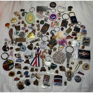 Vintage Mixed Pin Brooch Keychain Jewelry Lot +1lb USA Sports Travel Military